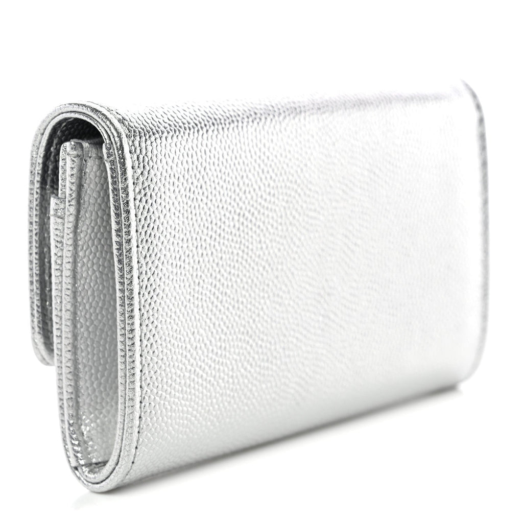 Metallic Caviar Timeless CC Flap  Holder Silver