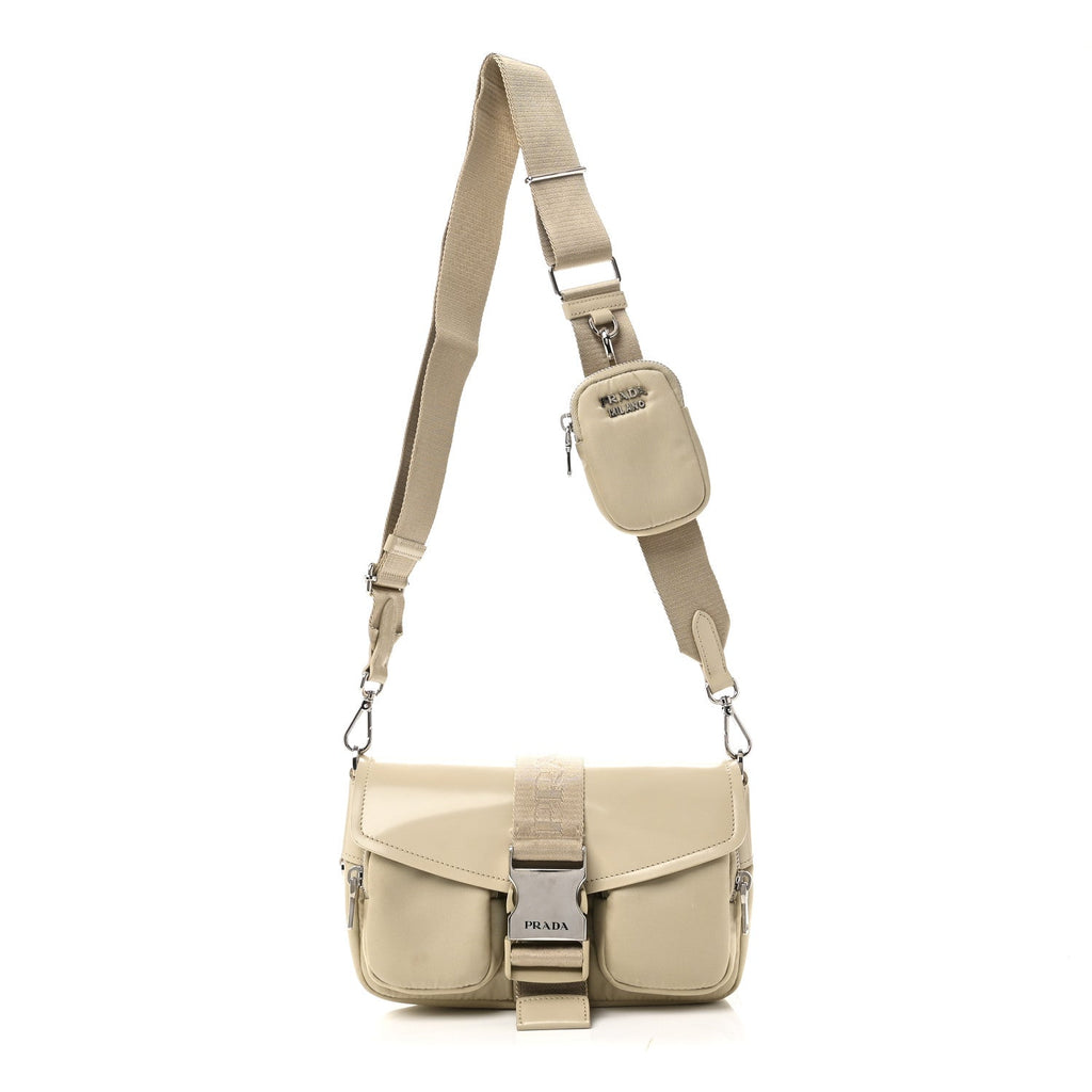 Re-Nylon Spazzolato Double Pocket Buckle Shoulder Bag Deserto