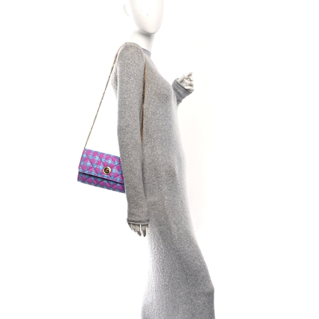 Tweed Quilted Medusa Wallet on Chain Crossbody Pink Blue