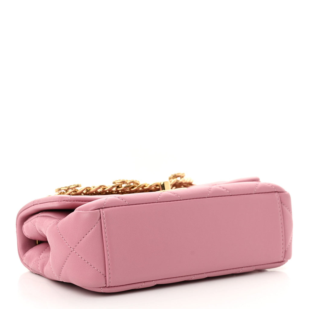 Lambskin Quilted Mini CC Crystal Logo Chain Flap Pink