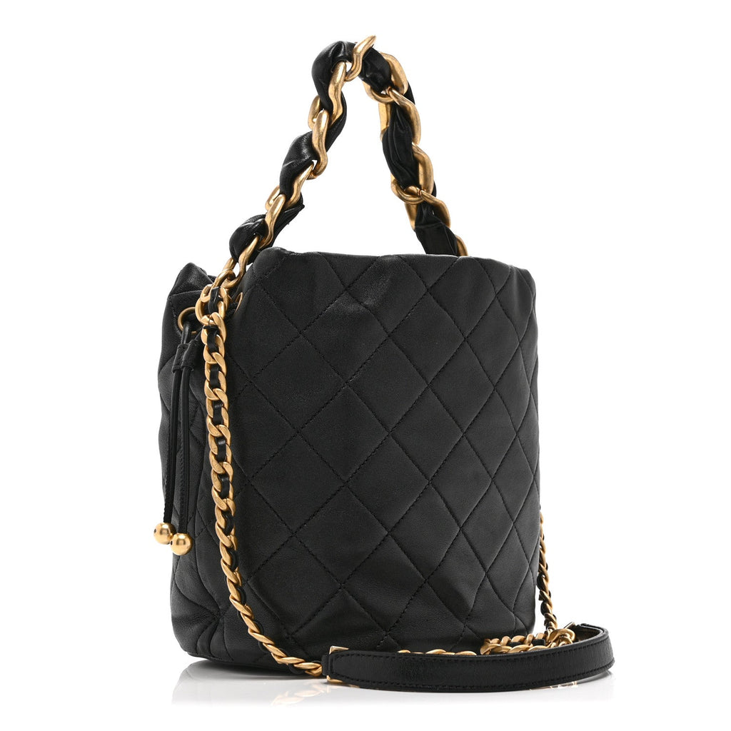 Shiny Lambskin Quilted Small Chain Is More Drawstring Bag Black