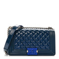 Patent Calfskin Quilted Medium Plexiglass Boy Flap Blue