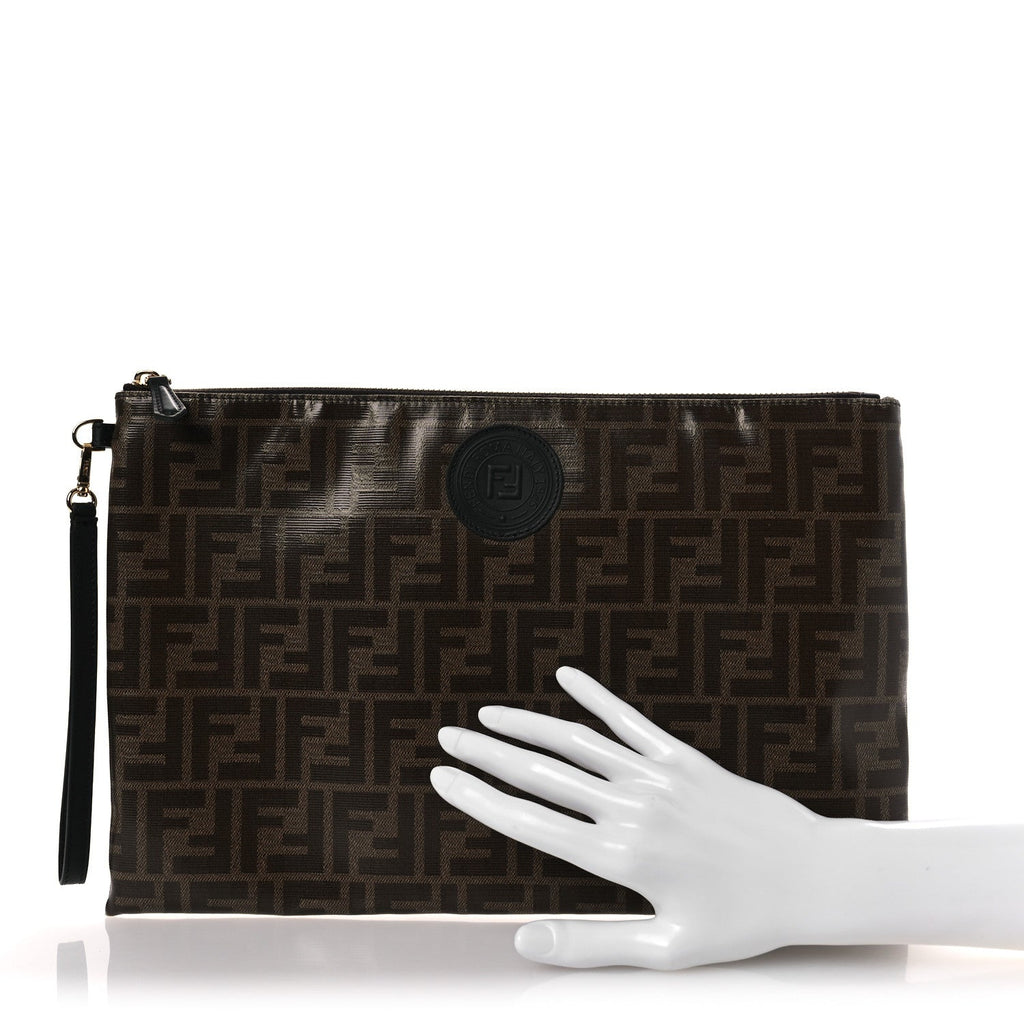 Glazed Fabric Vitello Century FF 1974 Stamp Patch Large Flat Pouch Mogano Panna Black
