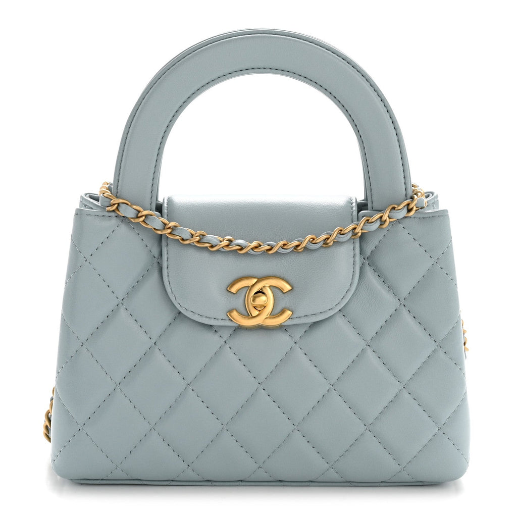 Shiny Aged Calfskin Quilted Nano Kelly Shopper Light Blue