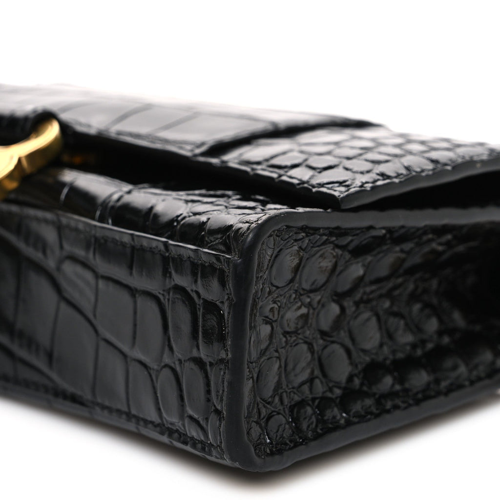 Shiny Calfskin Crocodile Embossed Hourglass Chain Bag Black