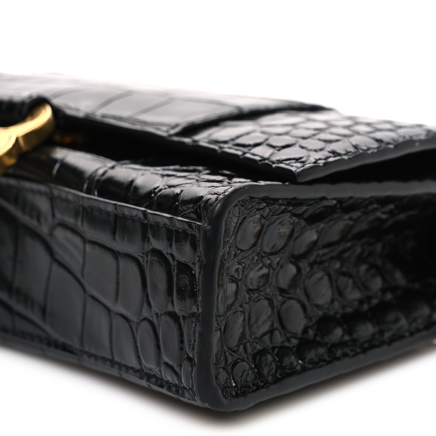 Shiny Calfskin Crocodile Embossed Hourglass Chain Bag Black