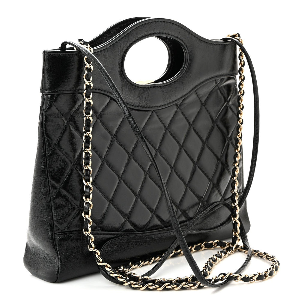 Shiny Crumpled Calfskin Quilted Mini 31 Shopping Bag Black