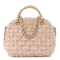 Cotton Wool Tweed Sequin Quilted Shiny Coco Clutch With Chain Light Pink Beige Ecru