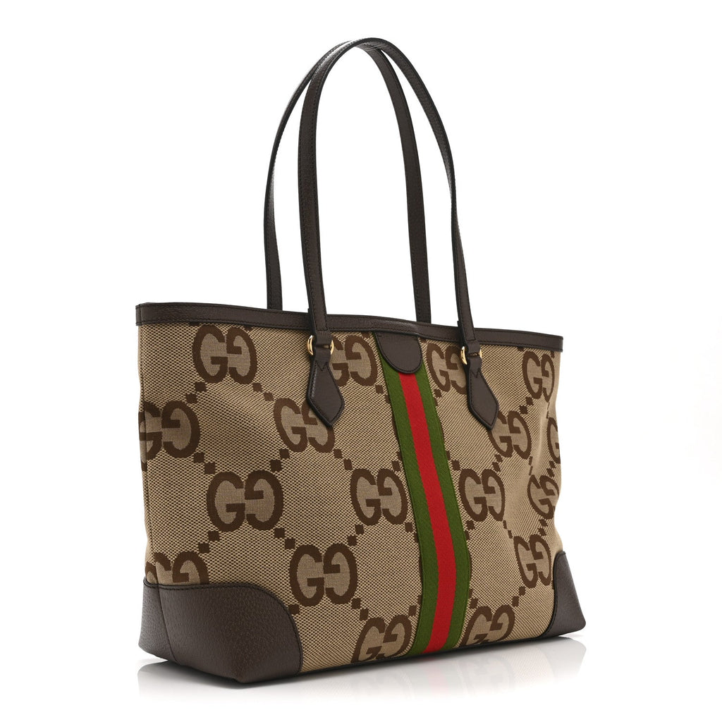 Monogram Jumbo GG Textured Dollar Calfskin Web Medium Ophidia Shopping Tote Camel Ebony
