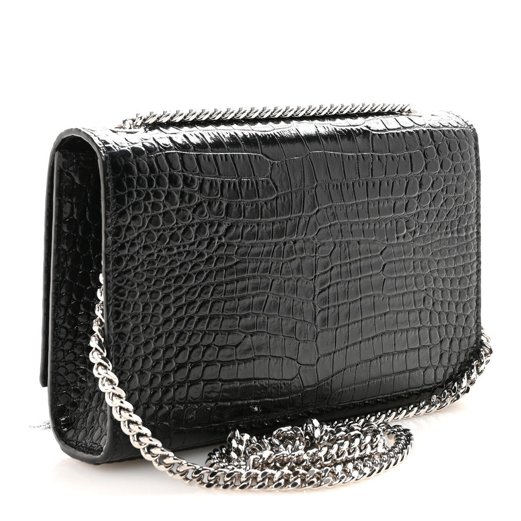Calfskin Crocodile Embossed Small Classic Monogram Kate Tassel Satchel Black
