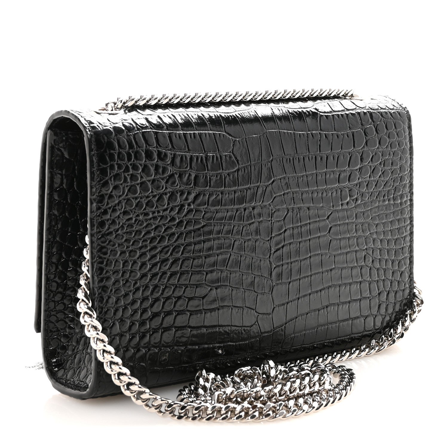 Calfskin Crocodile Embossed Small Classic Monogram Kate Tassel Satchel Black