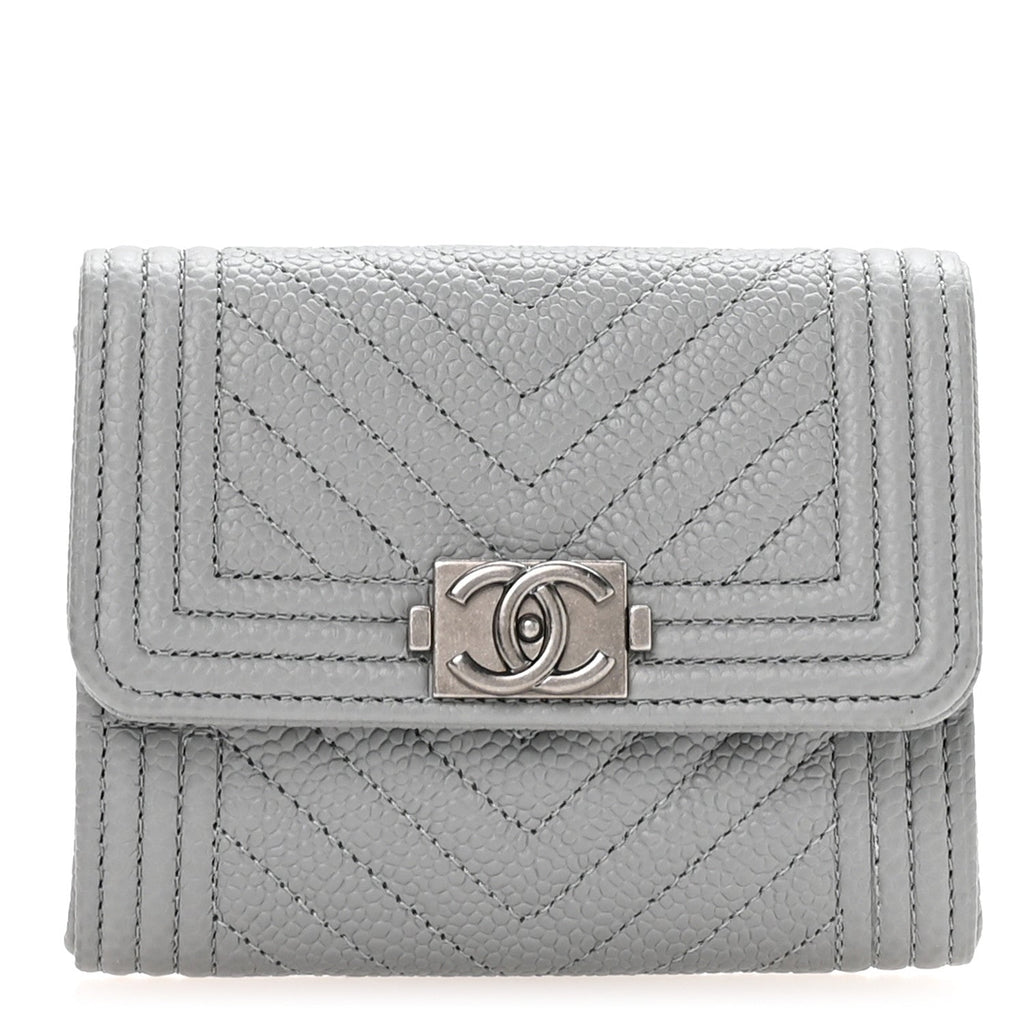 Caviar Chevron Quilted Boy  Holder Wallet Grey