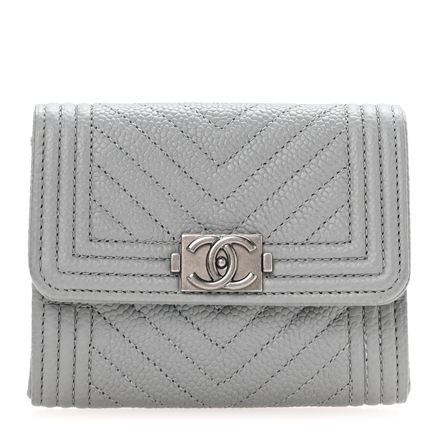 Caviar Chevron Quilted Boy  Holder Wallet Grey