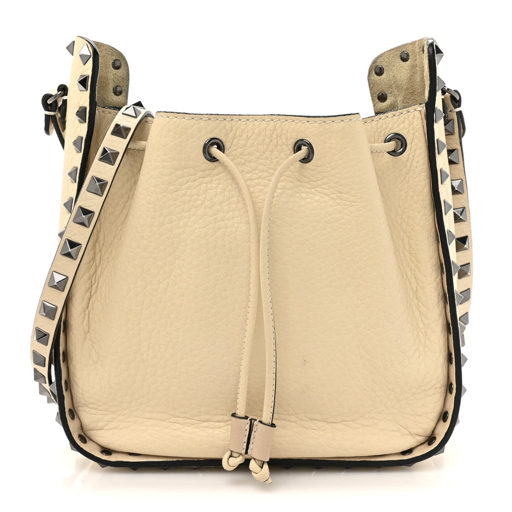 Grained Calfskin Rockstud Bucket Bag Ivory