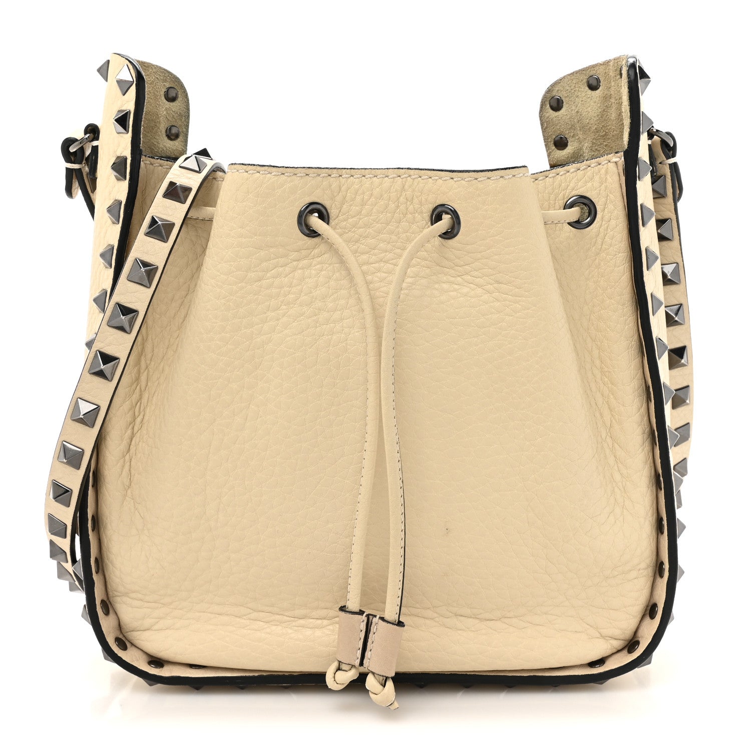 Grained Calfskin Rockstud Bucket Bag Ivory