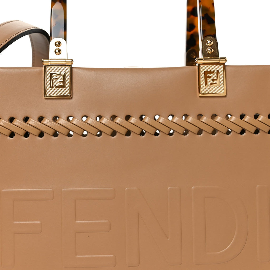 Vitello King Ceylon Plexiglass Woven Logo Debossed Small Fendi Sunshine Shopper Tote Miele Scuro