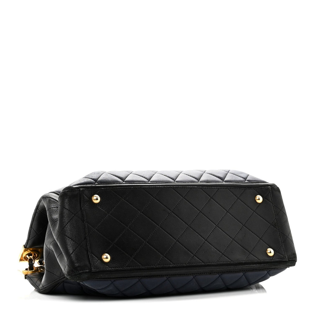 Lambskin Quilted Elegant CC Shopping Tote Navy Black