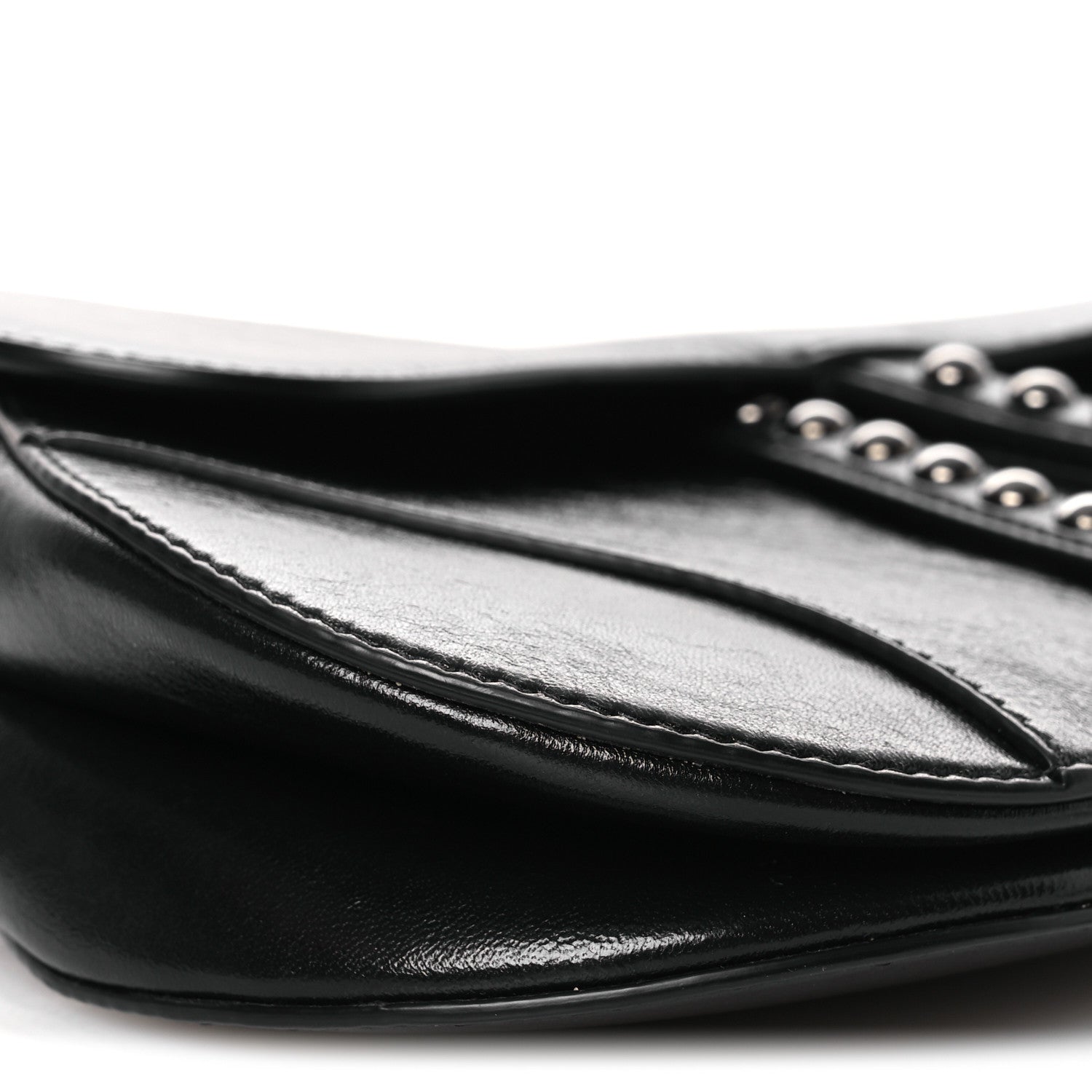 Shiny Crinkled Calfskin Studded Saddle Bag Black