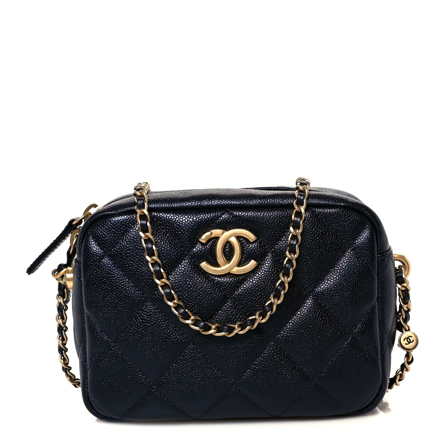 Shiny Caviar Quilted Chain Melody Camera Bag Dark Blue