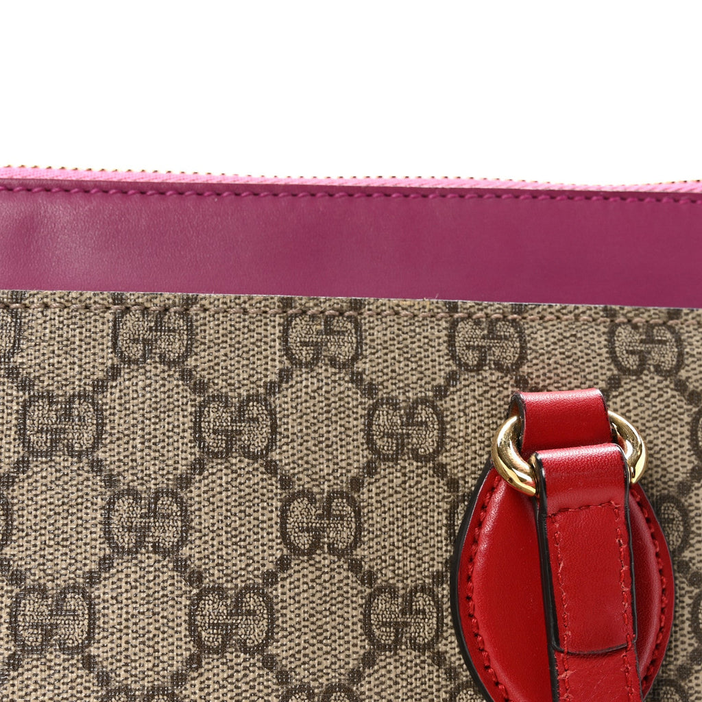 GG Supreme Monogram Medium Zippered Bucket Tote Beige Hibiscus Red New Rosette
