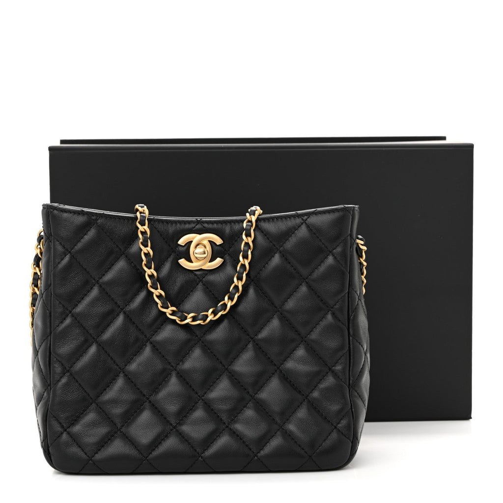 Lambskin Quilted Small Pearl Crush Hobo Black