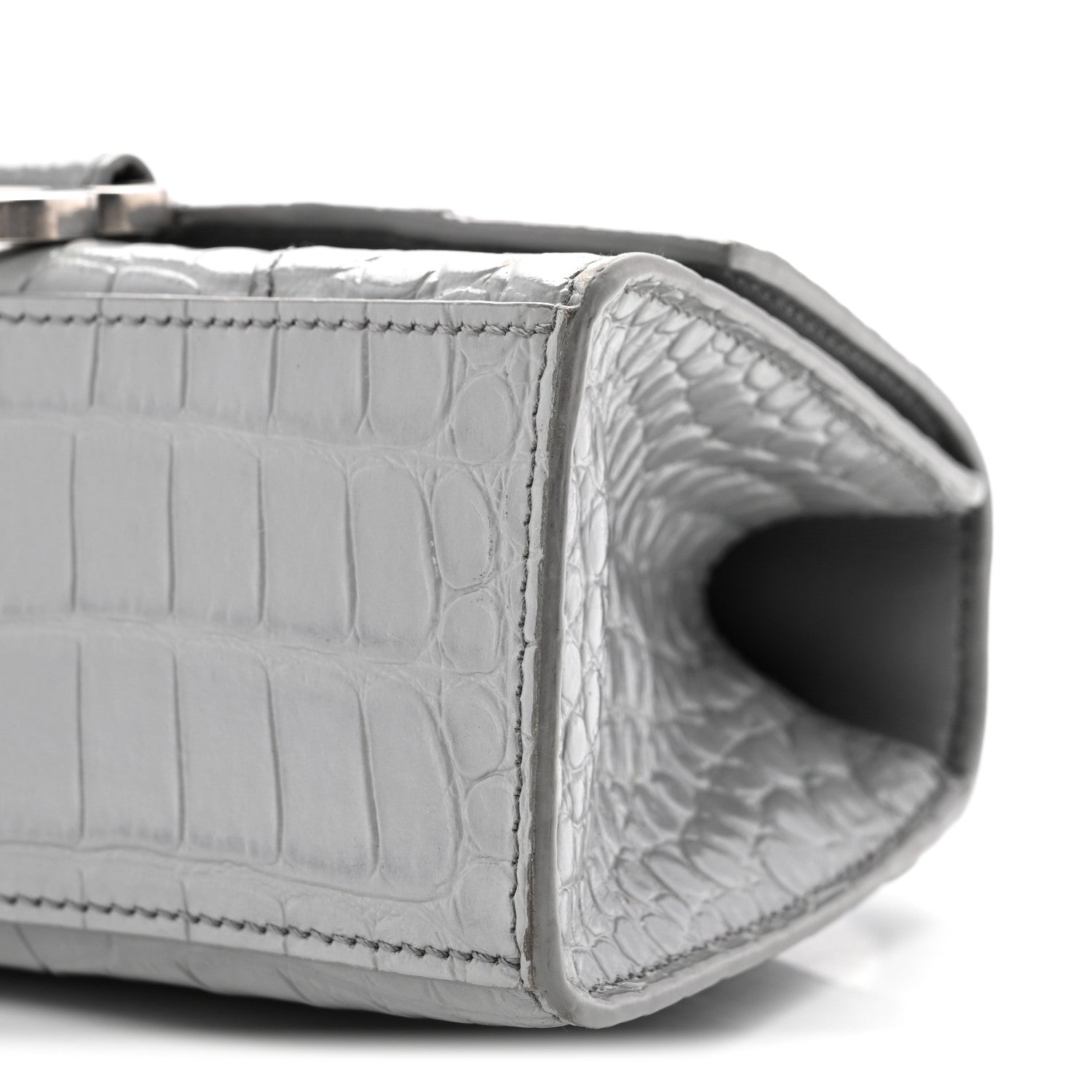 Shiny Calfskin Crocodile Embossed Hourglass Top Handle Bag XS Balenciaga Grey