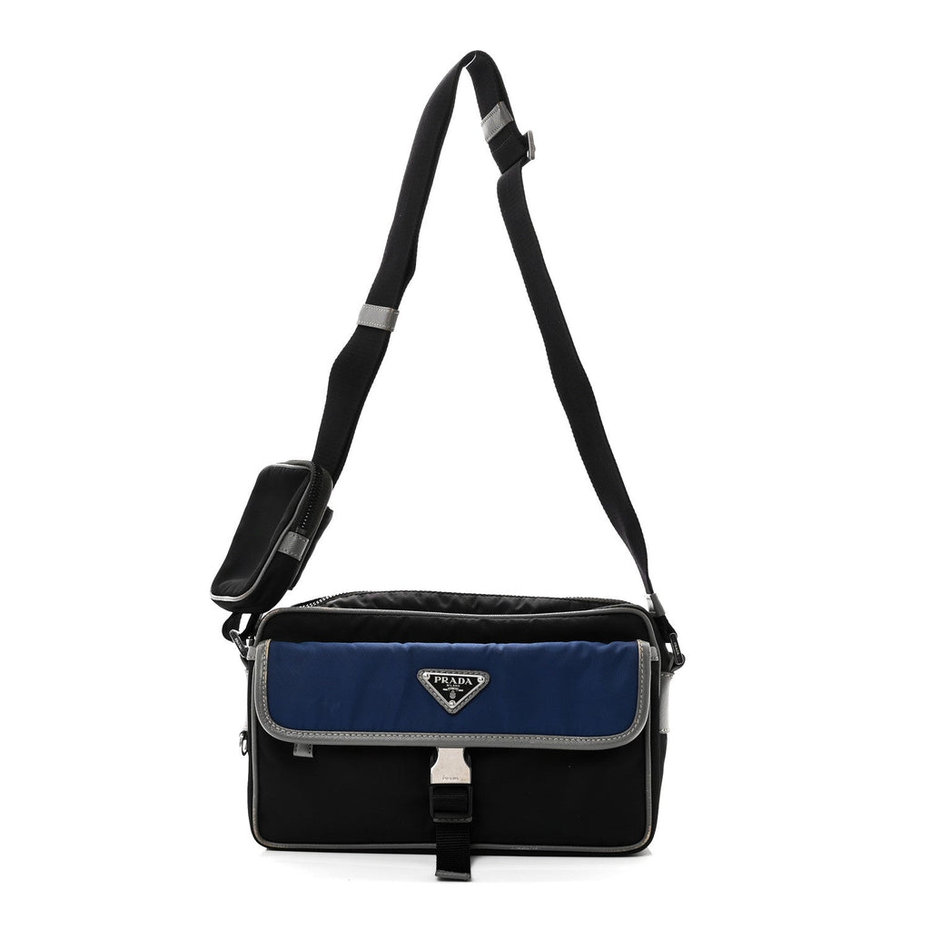 Tessuto Nylon Saffiano Pocket Single Snap Buckle Messenger Flap Bag Black Bleuette Marmo