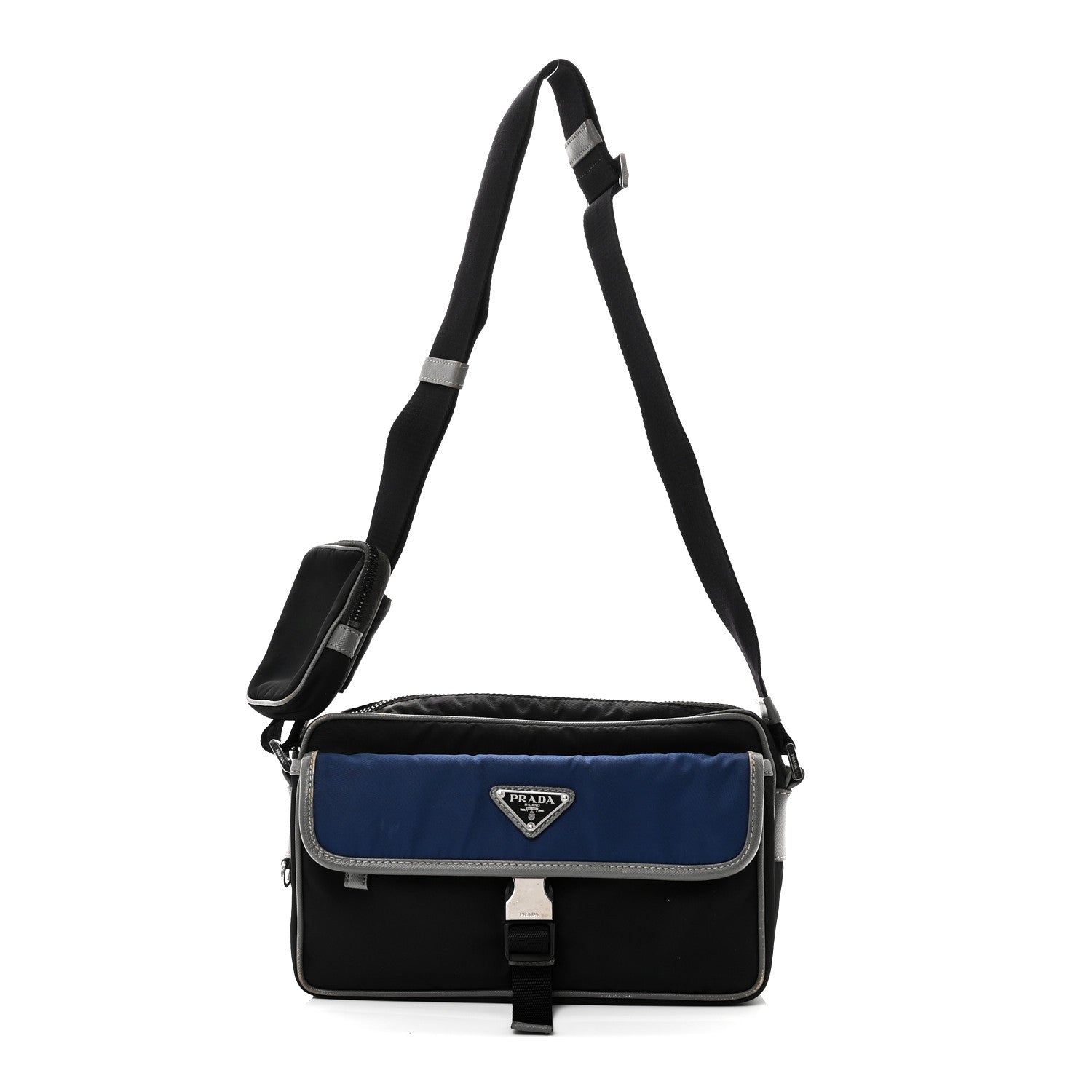 Tessuto Nylon Saffiano Pocket Single Snap Buckle Messenger Flap Bag Black Bleuette Marmo