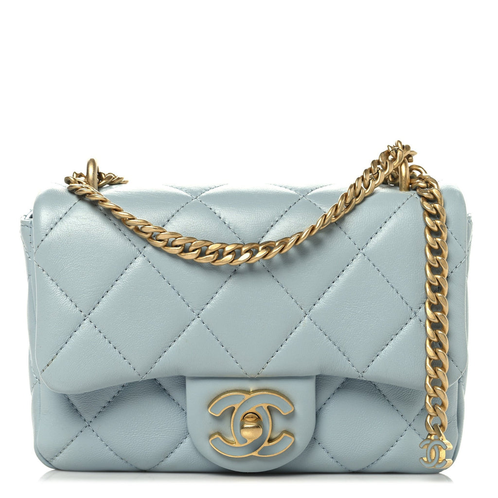 Lambskin Enamel Quilted Mini Pending CC Square Flap Light Blue
