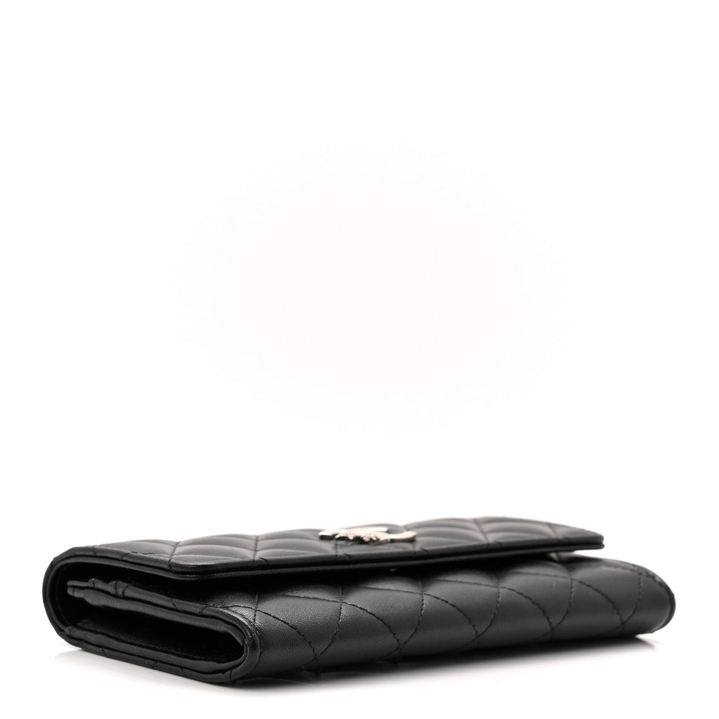 Calfskin Quilted Crystal CC Star Flap Wallet Black