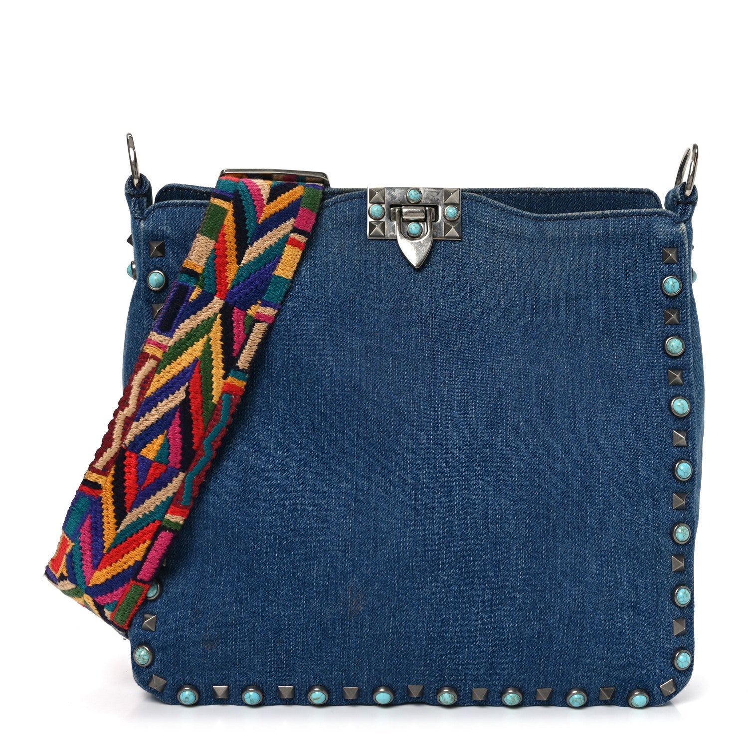 Denim Small Guitar Strap Rockstud Rolling Flip-Lock Messenger Bag Blue
