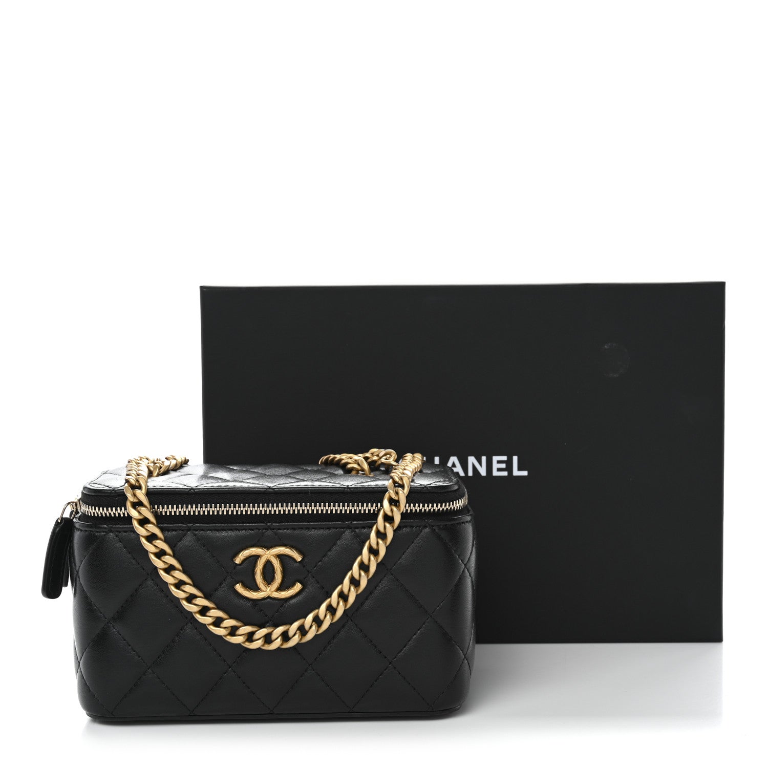 Lambskin Quilted Small Pillow Crush Vanity Case With Chain Black
