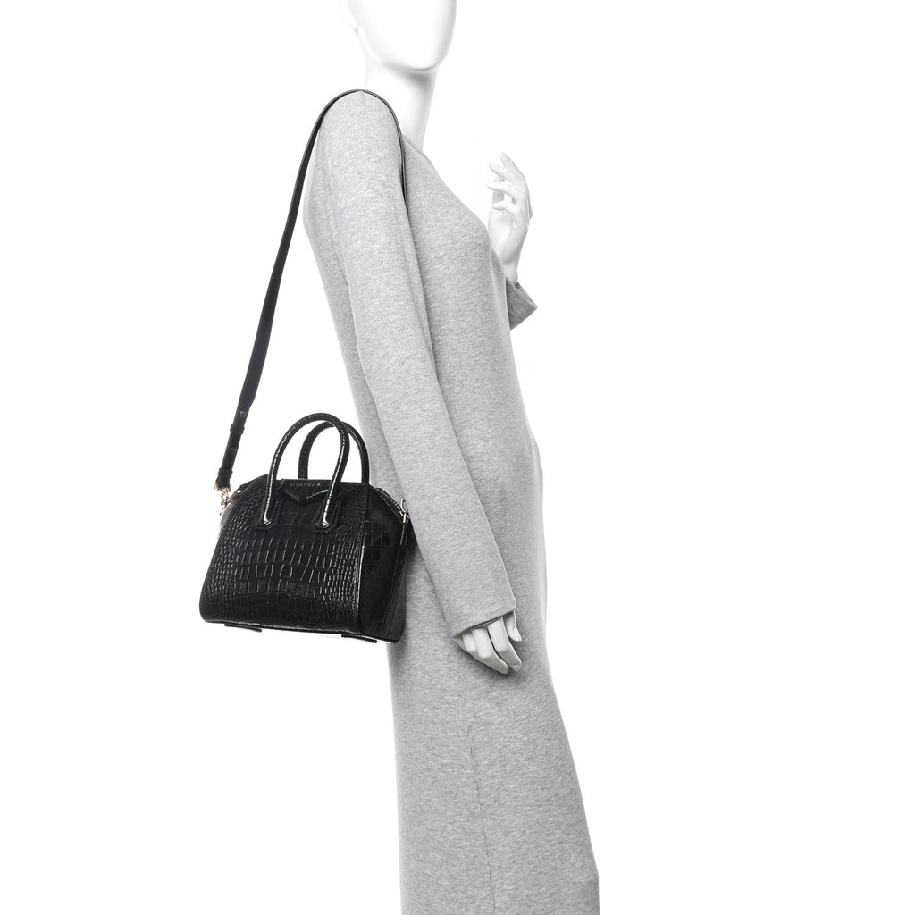 Calfskin Crocodile Embossed Mini Antigona Black