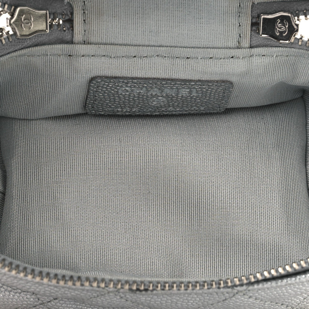 Metallic Caviar Quilted Mini Top Handle Vanity With Chain Silver