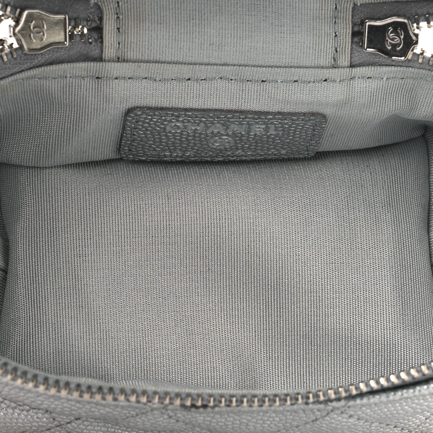 Metallic Caviar Quilted Mini Top Handle Vanity With Chain Silver