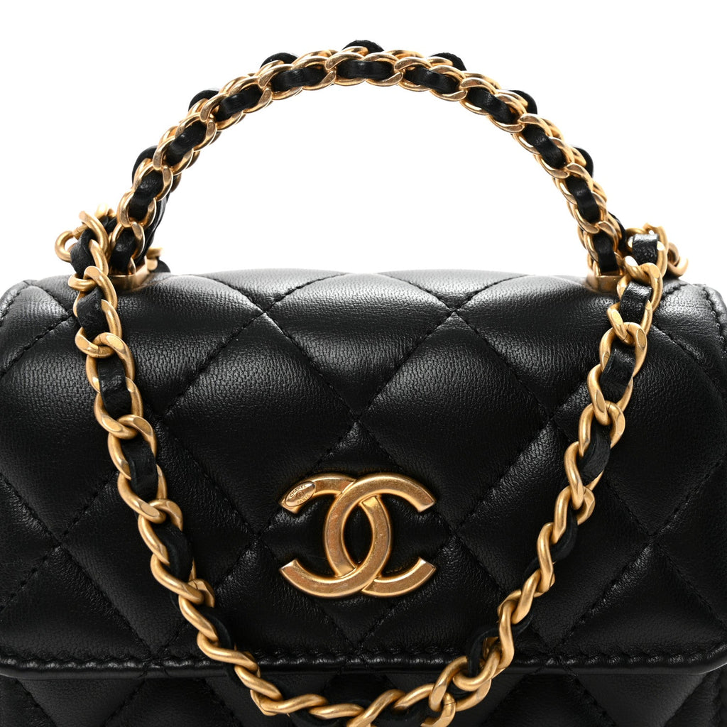 Lambskin Quilted Chain Top Handle Clutch With Chain Black