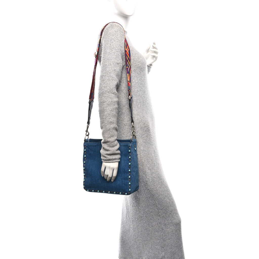 Denim Small Guitar Strap Rockstud Rolling Flip-Lock Messenger Bag Blue