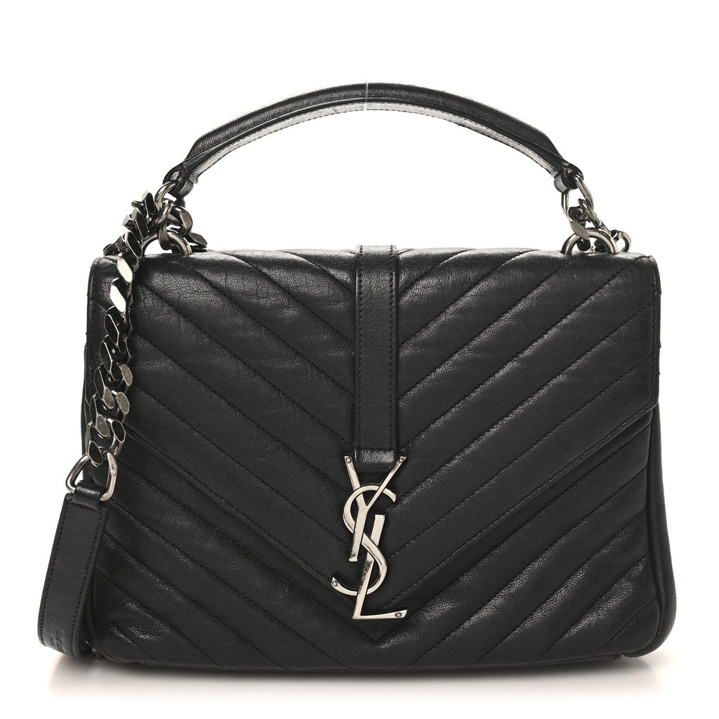 Sheepskin Matelasse Chevron Monogram Medium College Bag Black