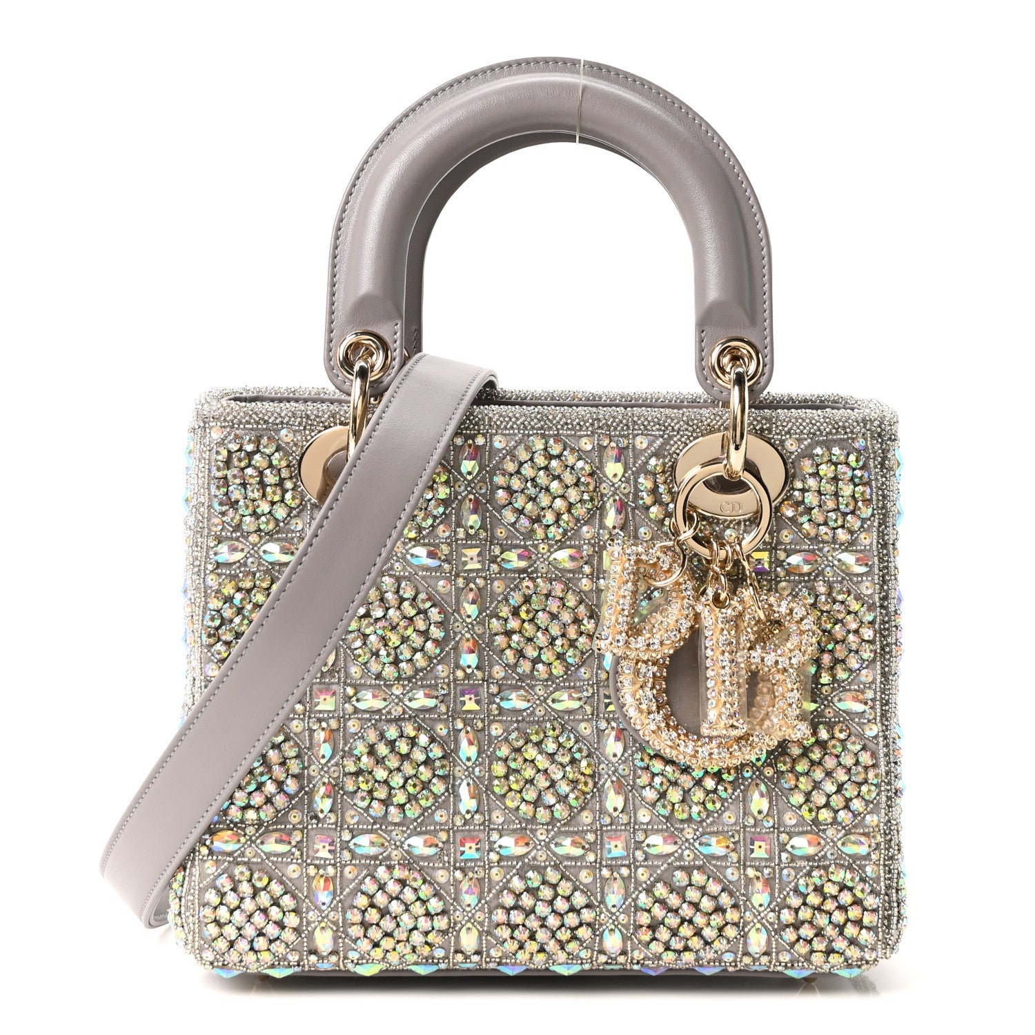 Calfskin Satin Celestial Bead Embroidery Embroidered Small Lady Dior Grey Multicolor