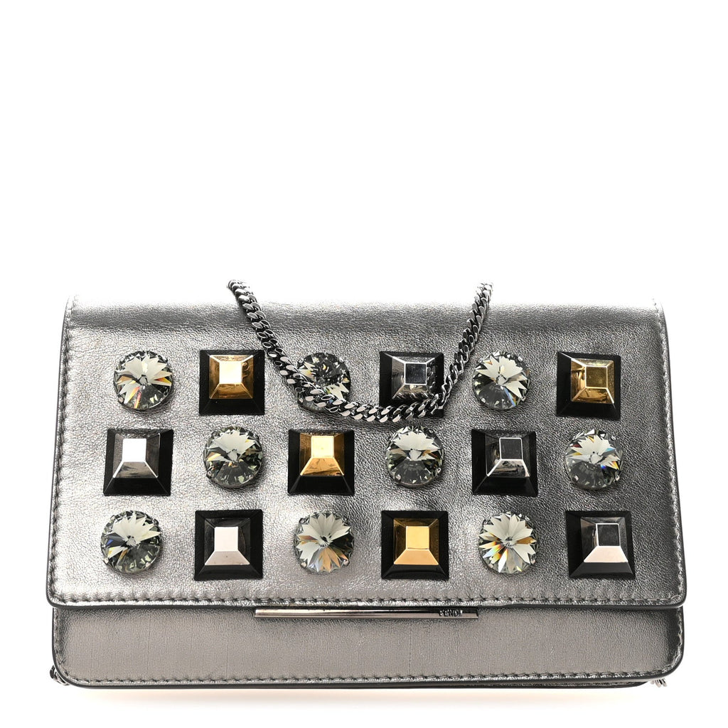 Glossy Calfskin Crystal Studded Tube Wallet On Chain Graphite
