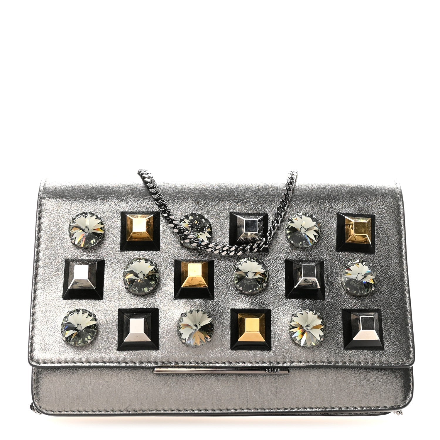 Glossy Calfskin Crystal Studded Tube Wallet On Chain Graphite