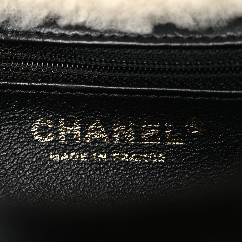 Lambskin Shearling Large CC Flap Bag Black White