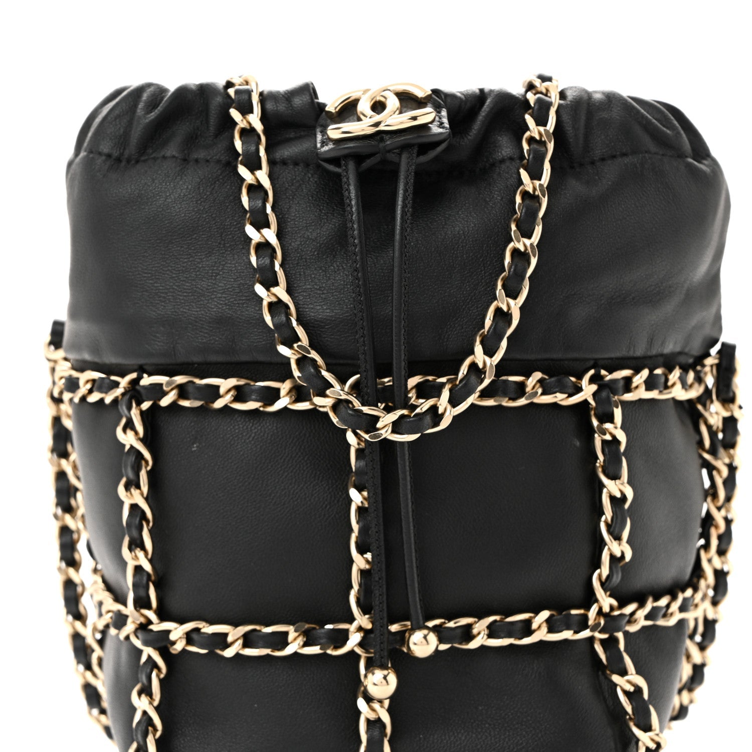 Lambskin Bucket Chain Drawstring Bag Black