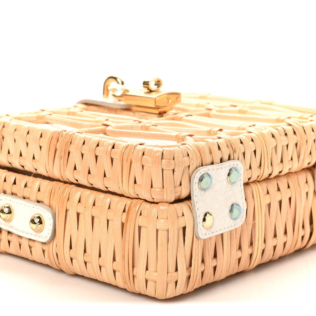 Wicker Calfskin Box Top Handle Bag White