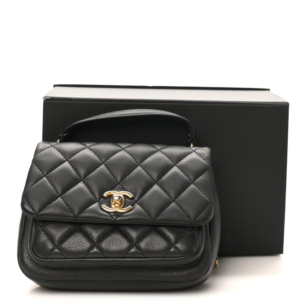 Calfskin Quilted Top Handle Flap Black