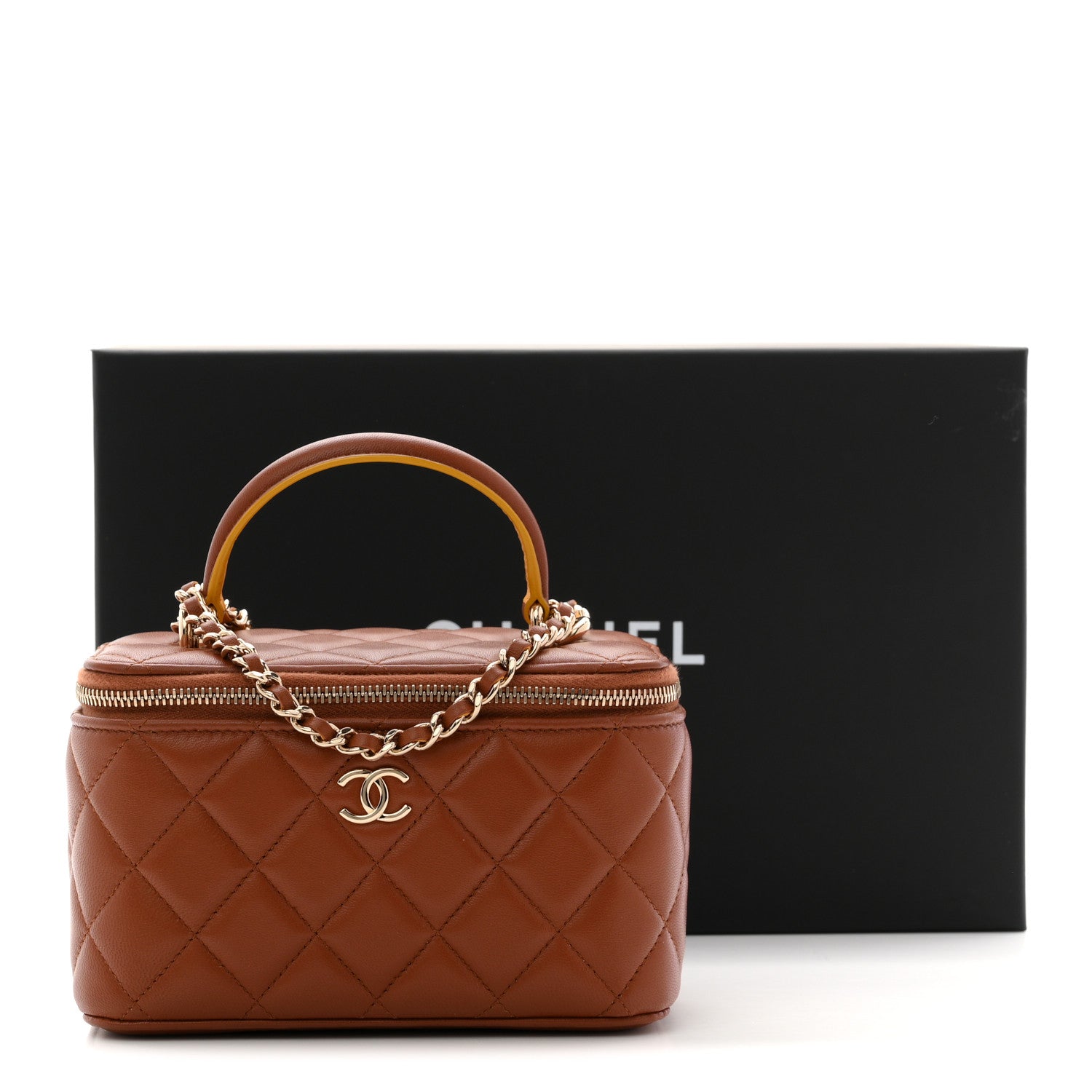 Lambskin Quilted Small Top Handle Vanity Case With Chain Light Brown Yellow