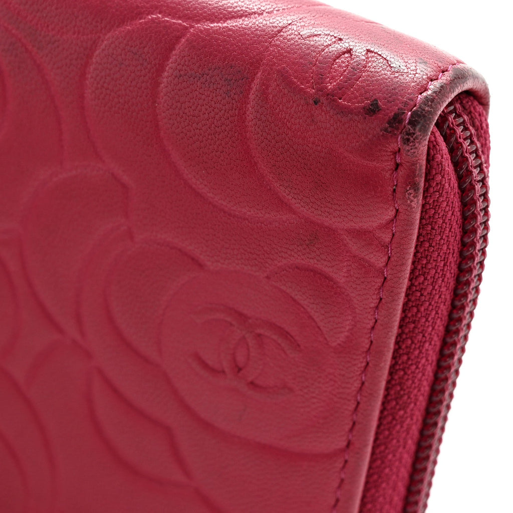 Lambskin Camellia Embossed Large Gusset Zip Around Wallet Fuchsia