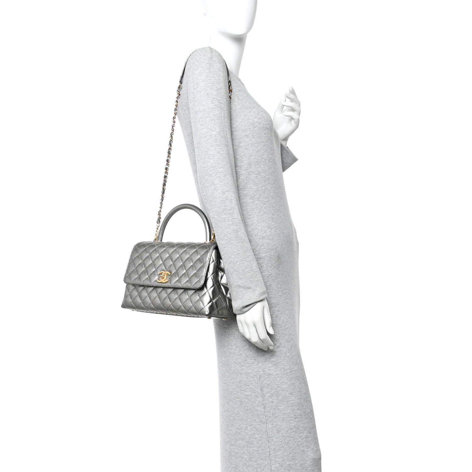 Metallic Caviar Quilted Small Coco Handle Flap Silver