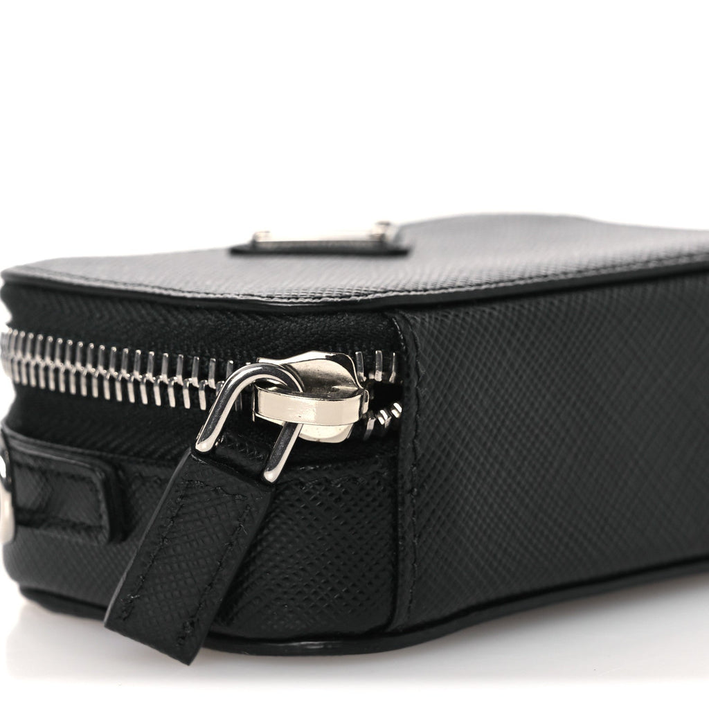 Saffiano Travel Metal Triangle Logo Mini Pouch Shoulder Bag Black