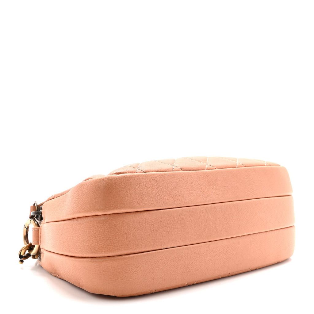 Calfskin Quilted Crown CC Double Zip Bag Beige